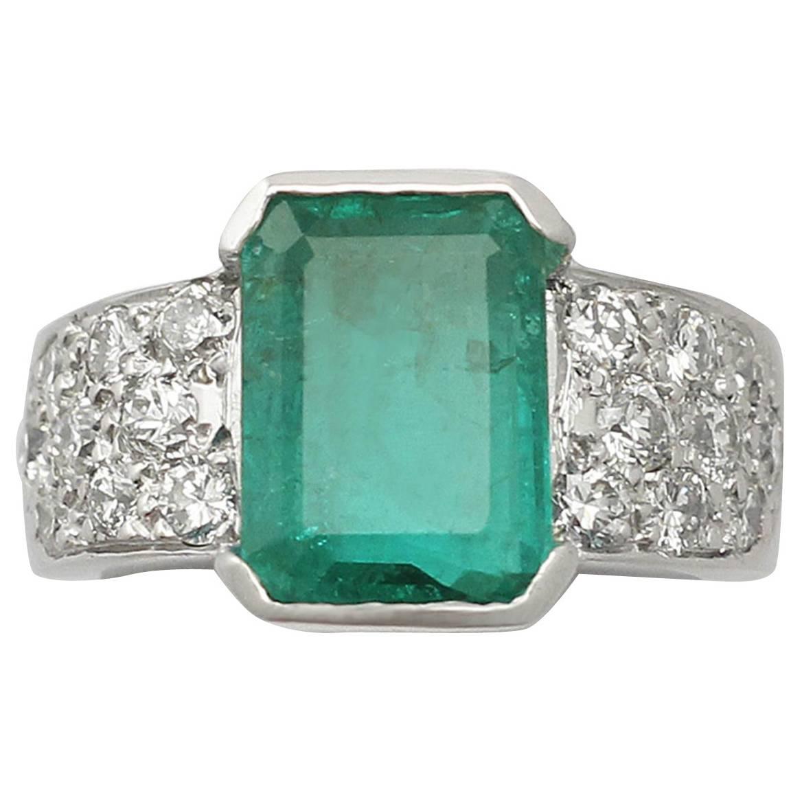 1.05Ct Emerald & 1.05Ct Diamond, 18k White Gold Dress Ring - Vintage Circa 1950
