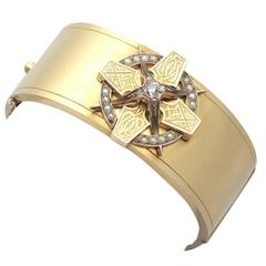 0.38Ct Diamond and Seed Pearl, 20k Yellow Gold Bangle - Antique Victorian 7