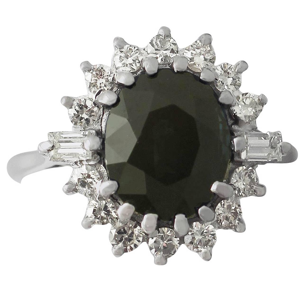 1970s 4.60 Carat Green Sapphire and Diamond White Gold Cocktail Ring