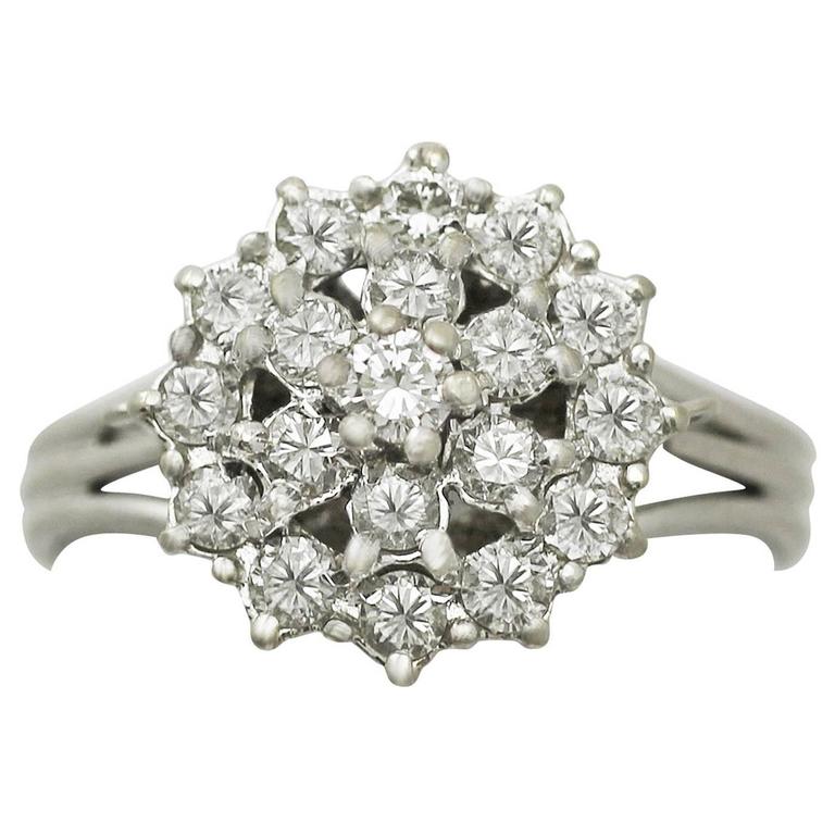 0.75Ct Diamond and 18k White Gold Cluster Ring - Vintage Circa 1960 For