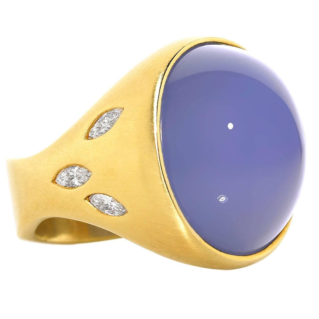 Susan Sadler  Chalcedony Marquise Diamond Matte Gold Dome One of a Kind Ring