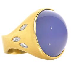 Susan Sadler  Chalcedony Marquise Diamond Matte Gold Dome One of a Kind Ring