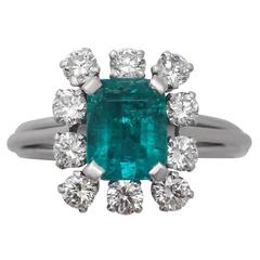 1.60Ct Emerald & 0.78Ct Diamond, Platinum Cluster Ring - Vintage French