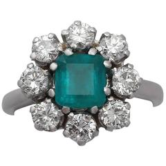 1.30Ct Emerald & 1.66Ct Diamond, 1k White Gold Cluster Ring - Vintage Circa 1950