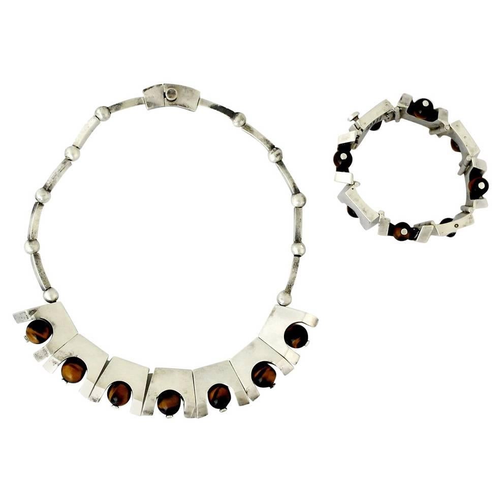 Rare Antonio Pineda Tiger's Eye .970 Silver Necklace and Bracelet For Sale