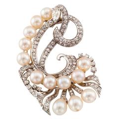 1950s Pearl Diamond Platinum Scrolling Clip Brooch 7