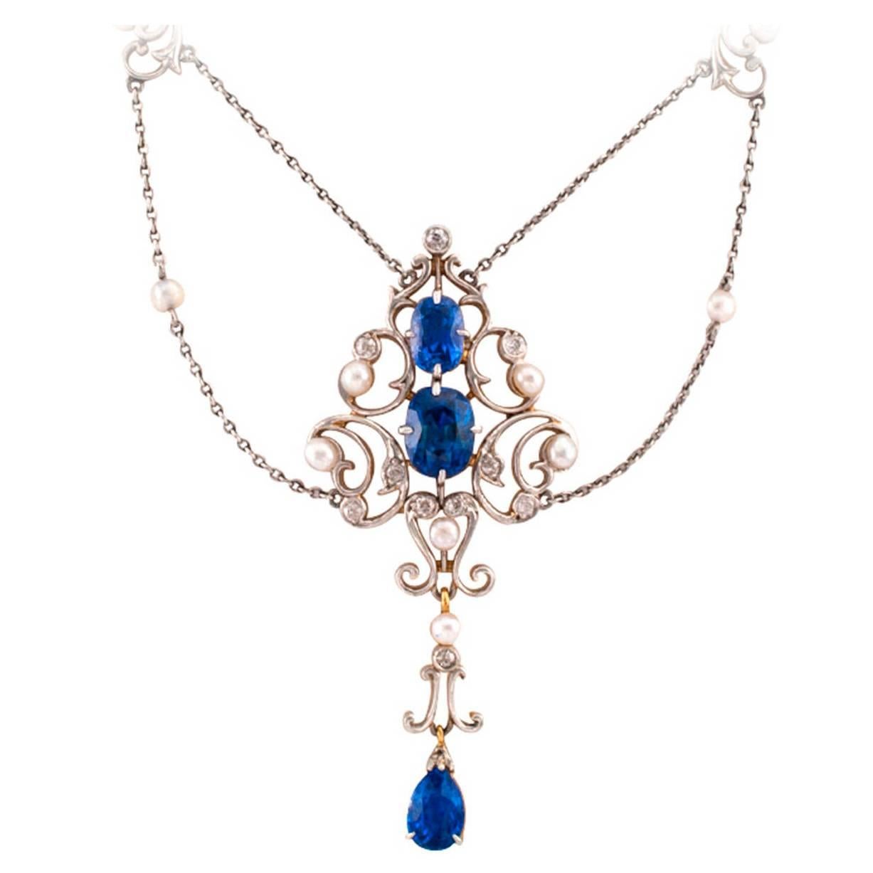 Edwardian Pearl Sapphire Diamond Gold Platinum Drop Necklace
