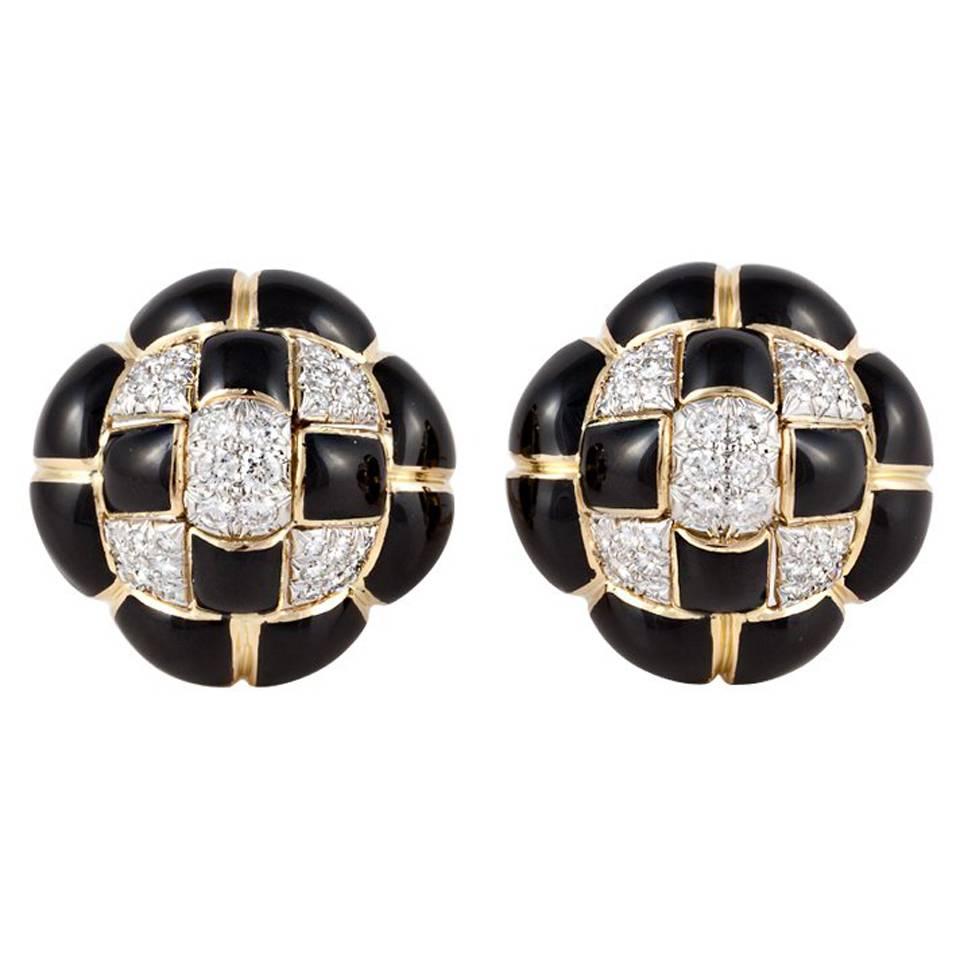 David Webb 18K Gold Black Enamel and Diamond Button Earrings For Sale