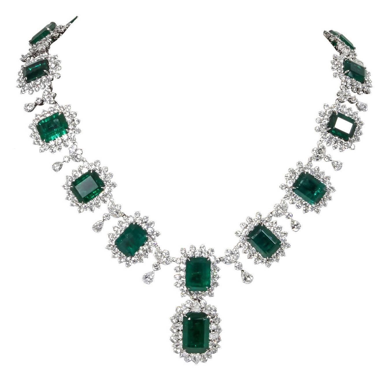 Iconic Emerald Diamond Platinum Drop Necklace