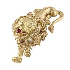 Ruby Diamond Gold Large Lion Pin 2