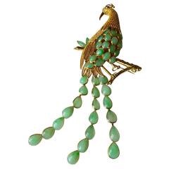 Retro Jadite Sapphire Gold Peacock Brooch
