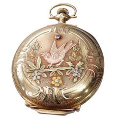 Elgin Multicolor Gold Diamond Hunter Case Pocket Watch