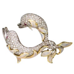 3.85 Carat Diamond Enamel Gold Dolphin Statement Pin Brooch Estate Fine Jewelry