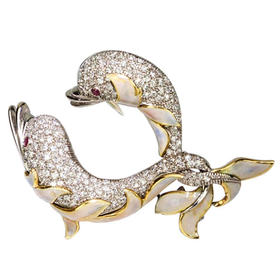 Enamel Diamond Gold Dolphin Pin Brooch For Sale at 1stdibs