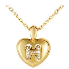 Hermes Diamond Gold H Heart Pendant Necklace