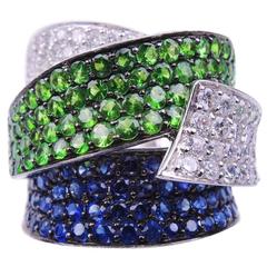 Tsavorite Sapphire Diamond Gold Band Ring