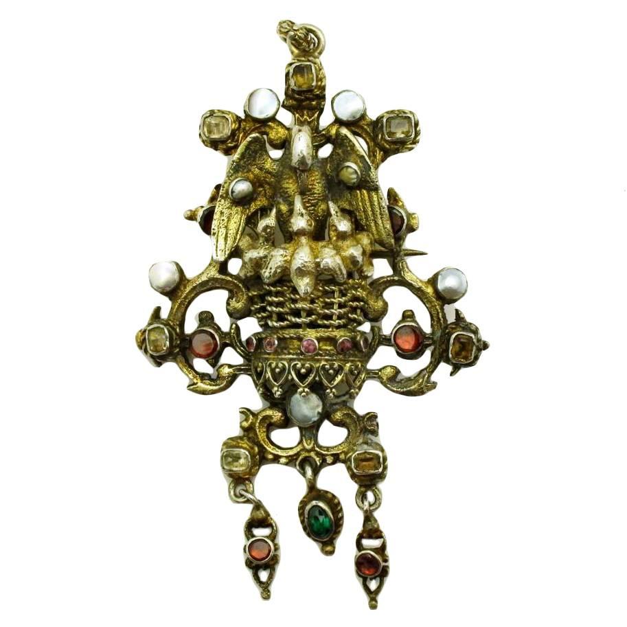 19th Century Austro-Hungarian Gemstone Silver Brooch For Sale