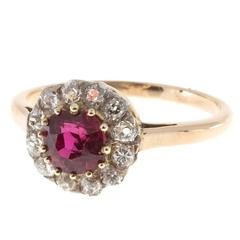 Antique Ruby Diamond Halo Gold Engagement Ring