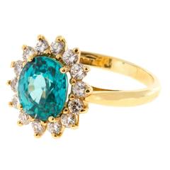 Vintage S+D Blue Zircon Diamond Yellow Gold Ring