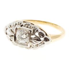 Art Deco European Cut Diamond Open Work Gold Engagement Ring 2
