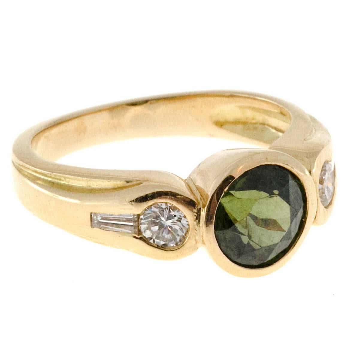 Natural Round Green Zircon Diamond Gold Ring