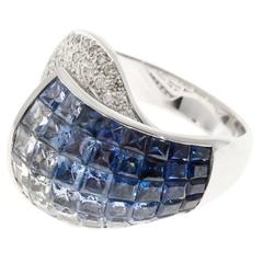 Blue White Invisible Sapphire Diamond Gold Ring 10