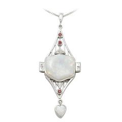 Opal, 0.85 Carat Diamond and 0.15 Carat Ruby, Platinum Pendant, Art Deco Style