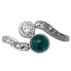 0.48Ct Emerald k 0.27Ct Diamond, 18k White Gold Twist Ring - Antique Circa 1910 11