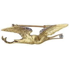 0.10Ct Diamond & 18k Yellow Gold 'Heron' Brooch - Antique French Circa 1900