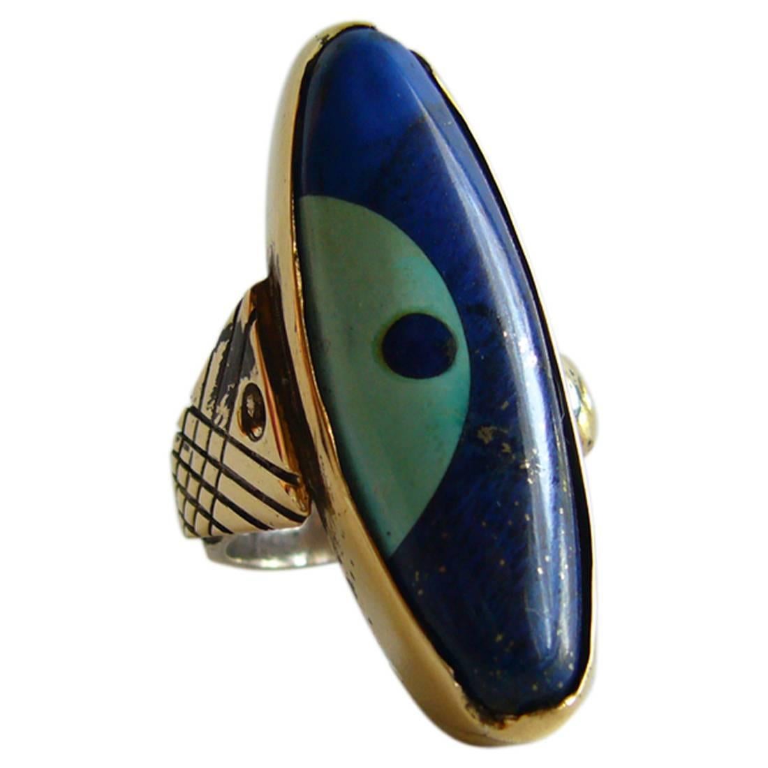 Daniel Macchiarini Lapis Turquoise Silver Gold San Francisco Modern Dot Ring For Sale