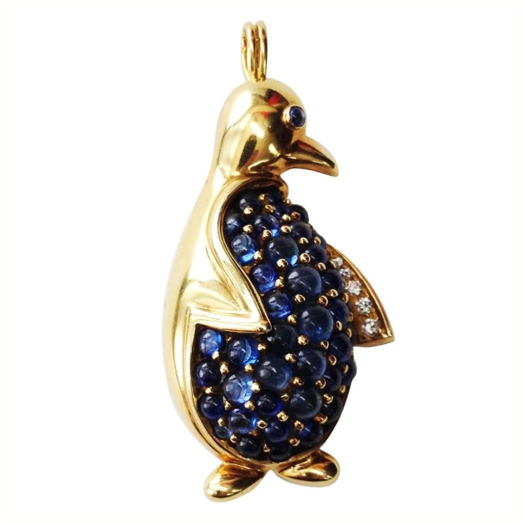Signed Alessandria Sapphire Penguin Gold Brooch Pin Pendant Fine Estate Jewelry