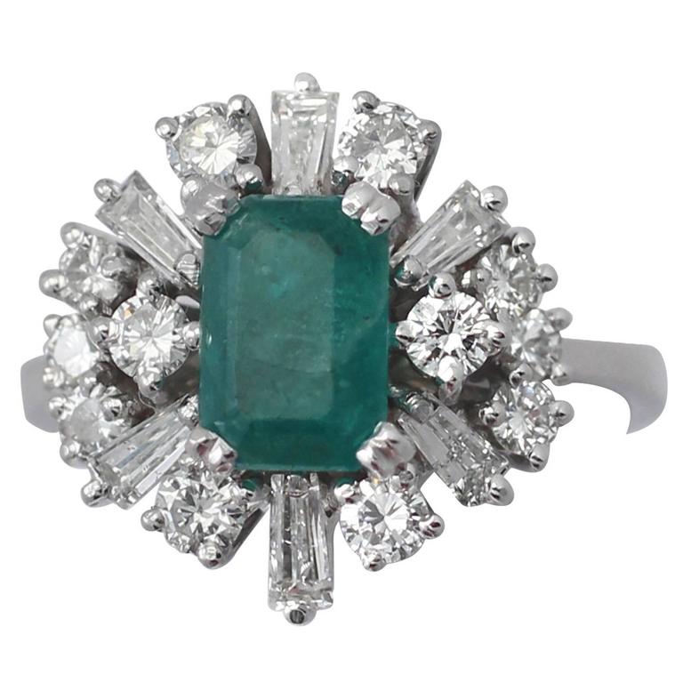 1.48Ct Emerald and 1.08Ct Diamond, 18k White Gold Cluster Ring, Vintage