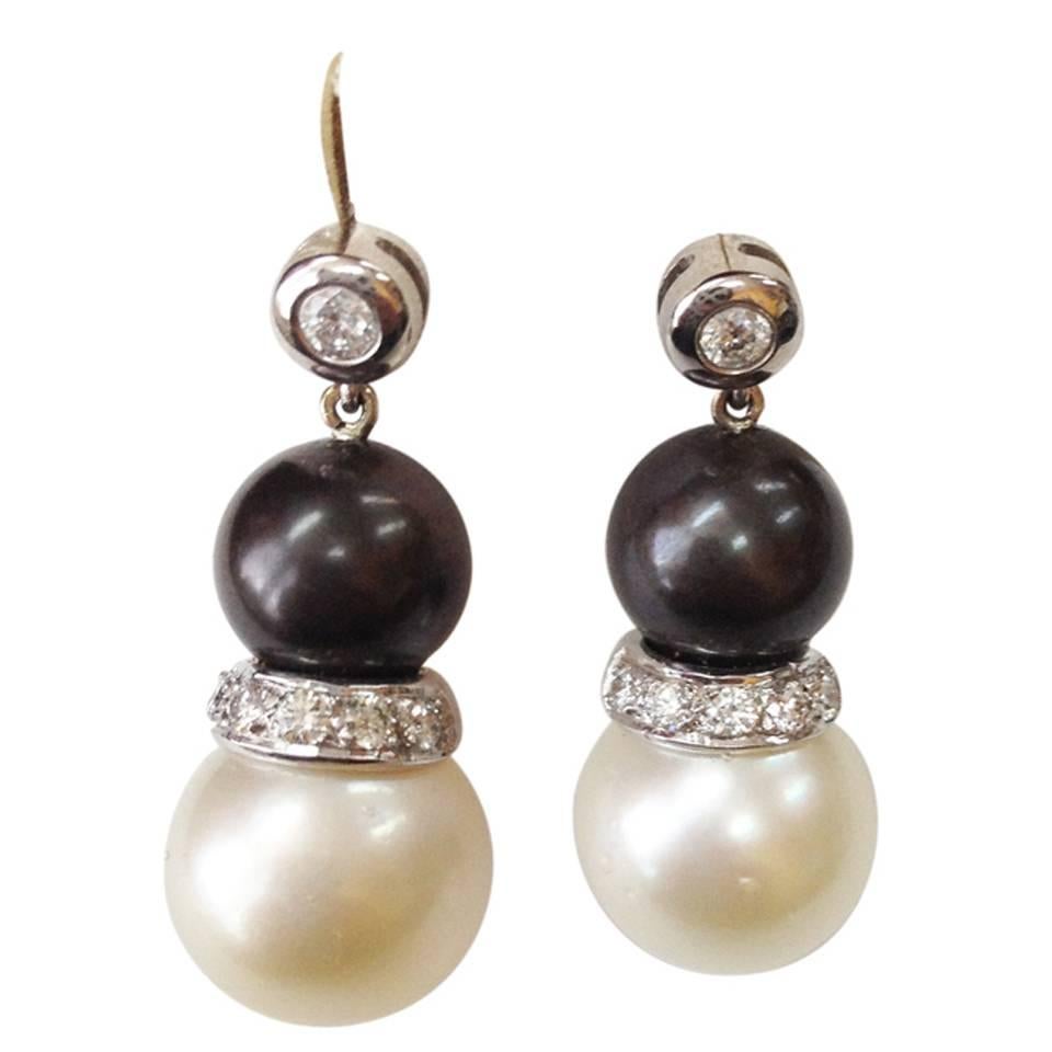 Tahitian and White South Sea Pearl and Diamond Gold Earrings Estate Fine Jewelry