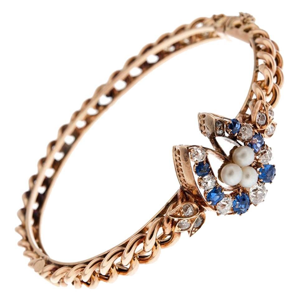 Antique Pearl Sapphire Diamond Gold Horseshoe Bangle Bracelet