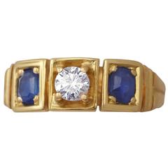 Antique Sapphire Diamond Gold Three Stone Ring 6