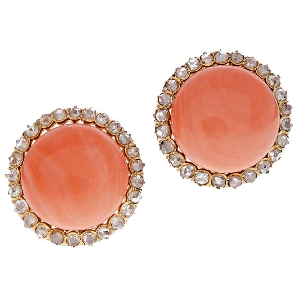 Coral Rose Cut Diamond Gold Clip Earrings