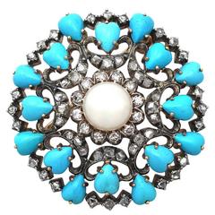 Victorian 1.36 Carat Diamond Pearl & Turquoise Yellow Gold Brooch 3