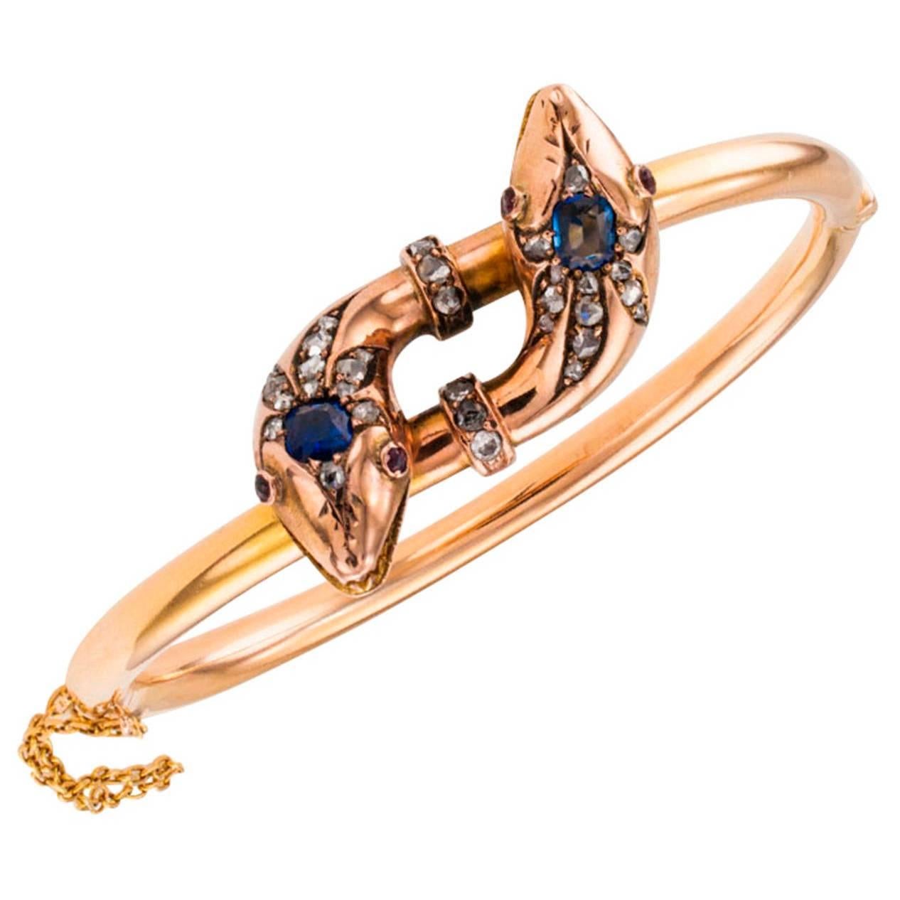 Victorian Sapphire Ruby Diamond Gold Snake Bangle Bracelet