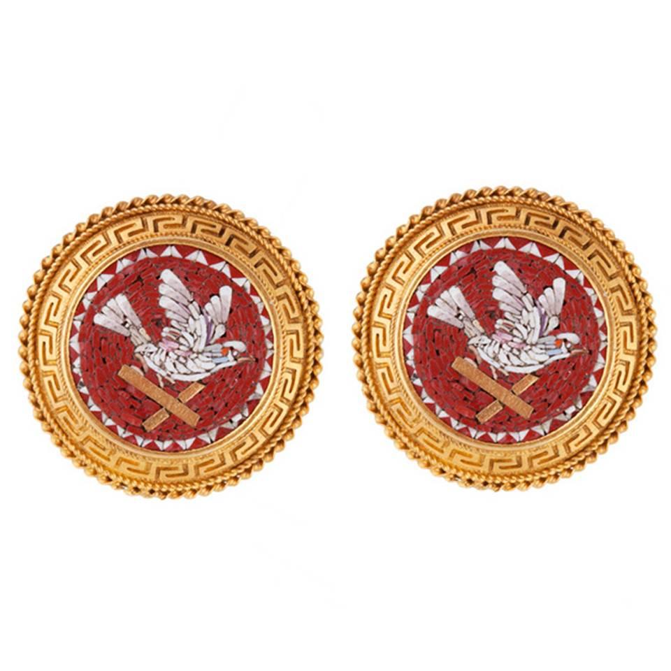 Etruscan Revival 18 Karat Bloomed Gold Micro Mosaic Earrings For Sale