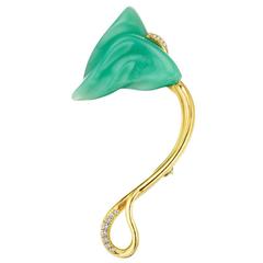 Naomi Sarna Carved Chrysoprase Diamond Gold Flower Pin