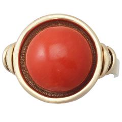 Red Coral and 14k Yellow Gold Ring - Art Deco Style - Vintage Circa 1940 3