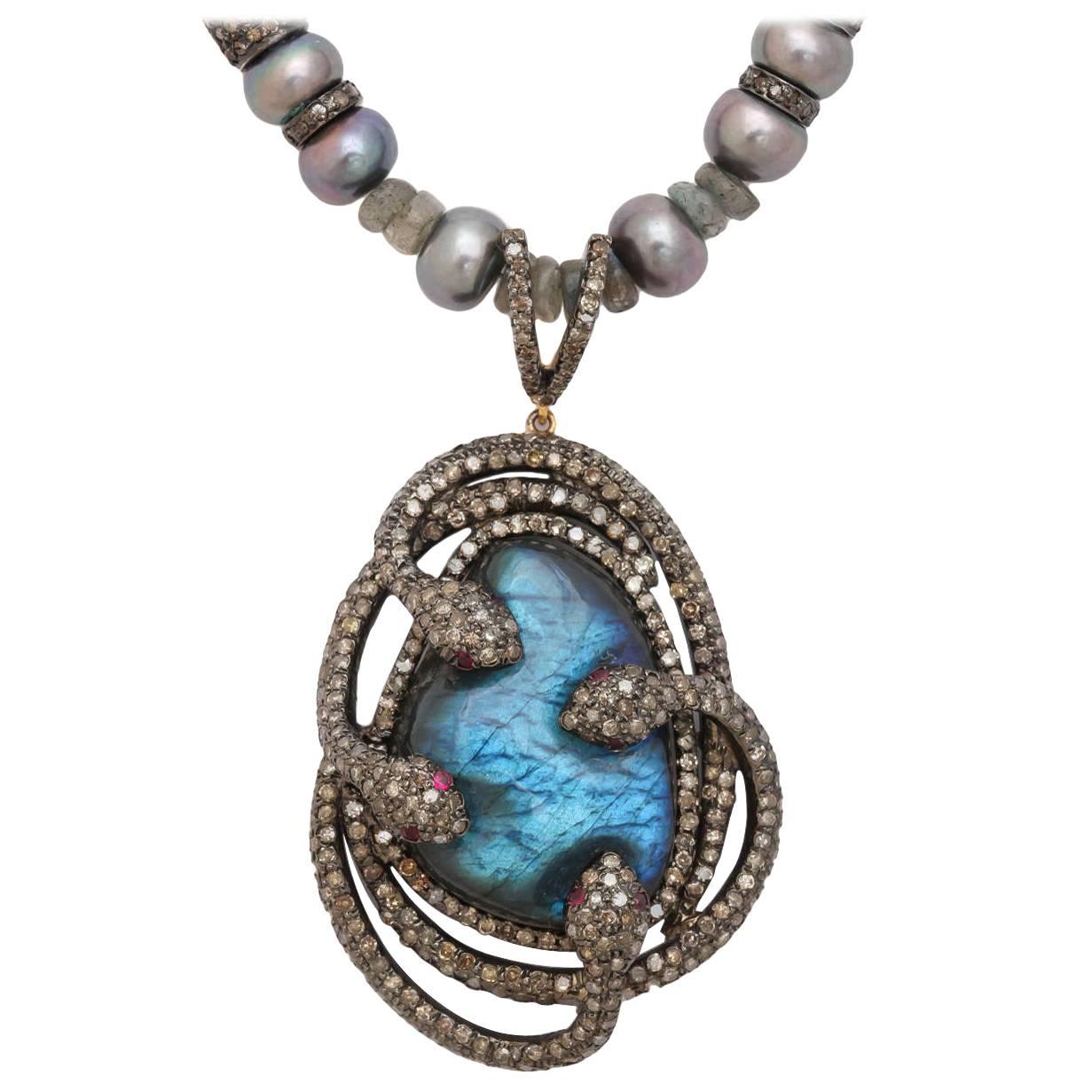 Mysterious Labradorite Pearl Diamond Snake Necklace For Sale