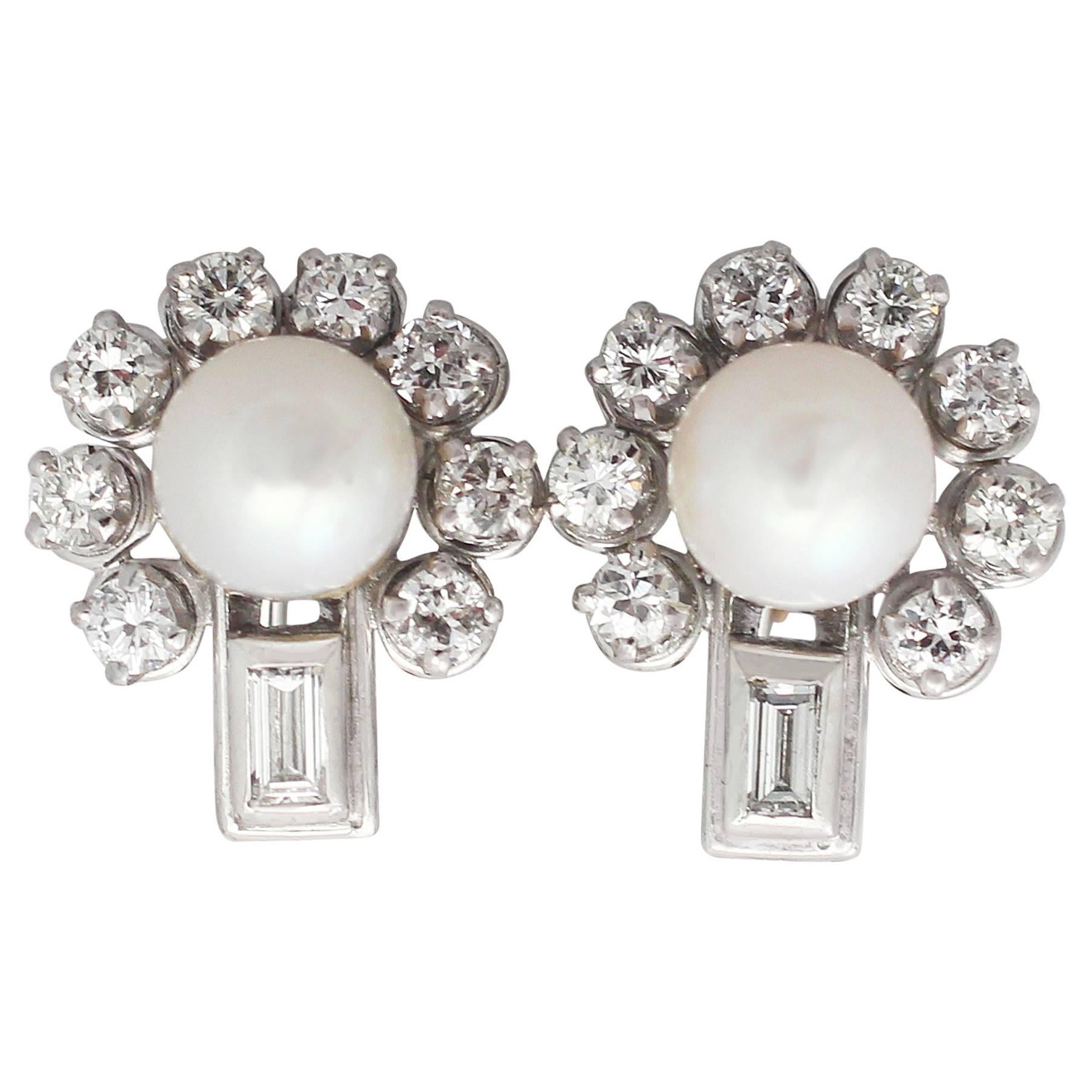 Vintage 1.04 ct Diamond and Pearl White Gold Stud Earrings