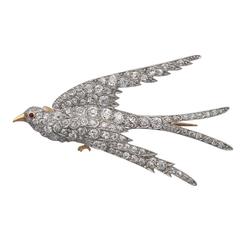 Antique Diamond Ruby Gold Platinum Swallow Brooch 1