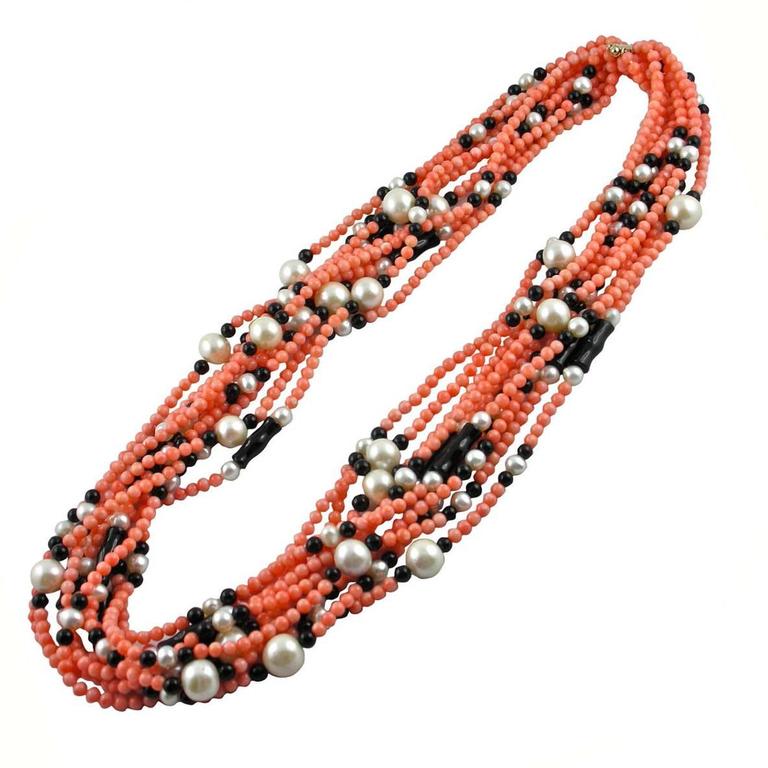 Jona Coral Pearl Onyx Multi Strand Necklace For Sale at 1stdibs
