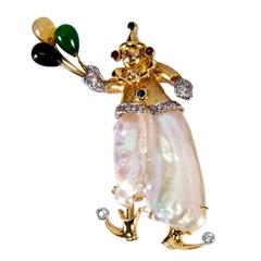 Pearl Multi-Gem Balloon Clown Gold Pin Pendant