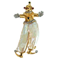 Pearl Multi-Gem Gold Clown Statement Pin Pendant Estate Fine Jewelry