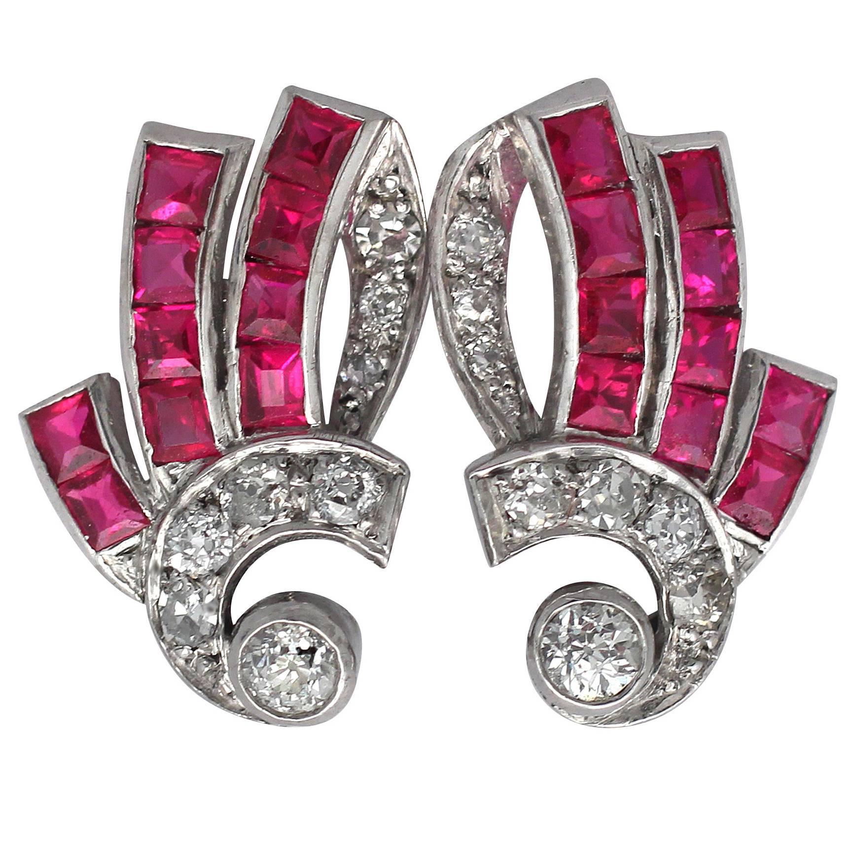 1940s 1.00 Carat Ruby and 0.48 Carat Diamond, 14k White Gold Earrings