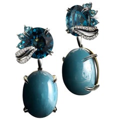 Alexandra Mor London Blue Topaz Aquamarine Cabochon Medi Leaf Dangling Earrings