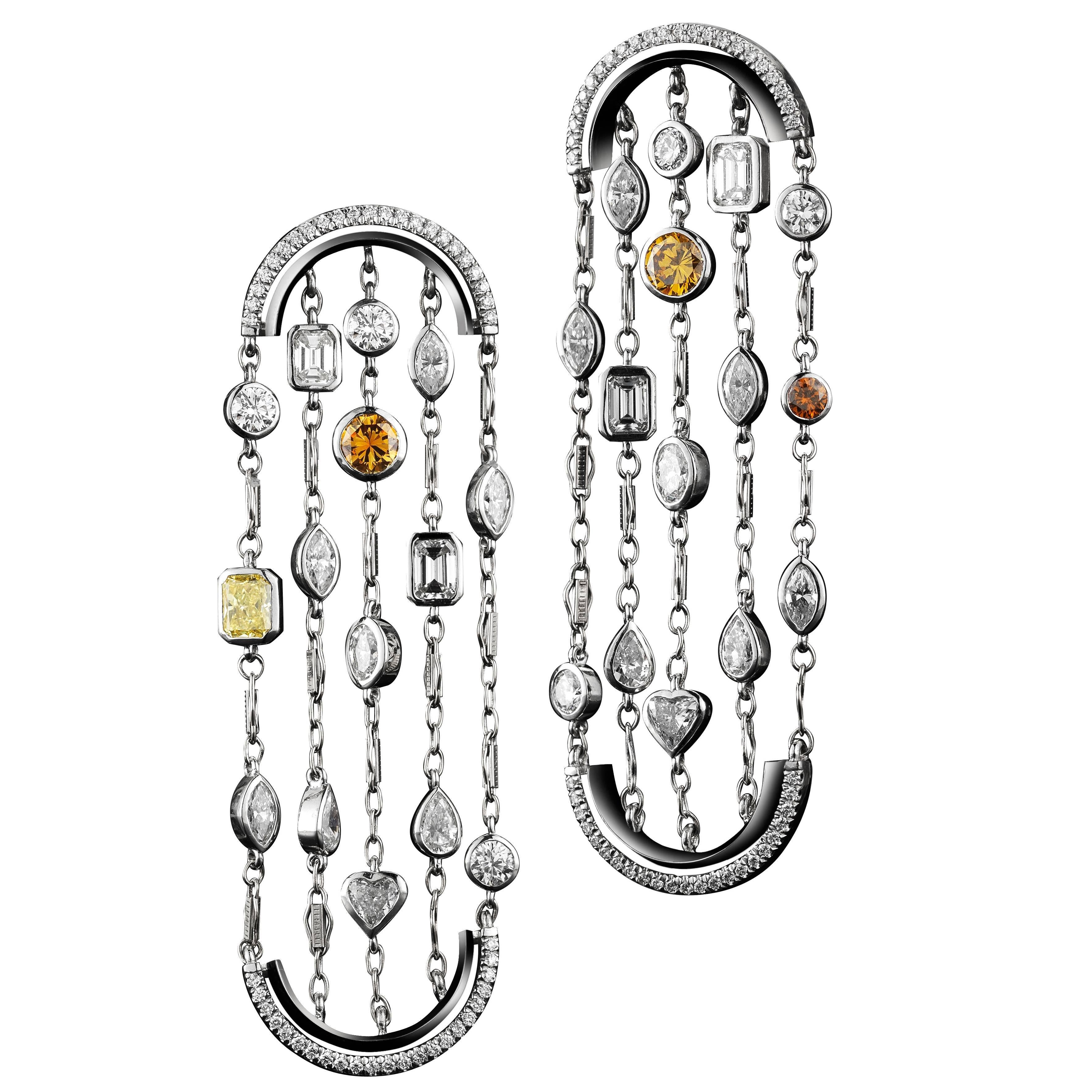 Alexandra Mor Sautoir Arched Earrings with White and Natural Color Diamonds For Sale